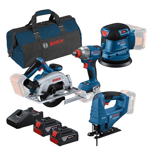 Bosch faipari akkus erőcsomag GDX 18V-285+GEX 185-LI 18V+GKS 185-LI 18V+GST 183-LI+2x5ah táskában