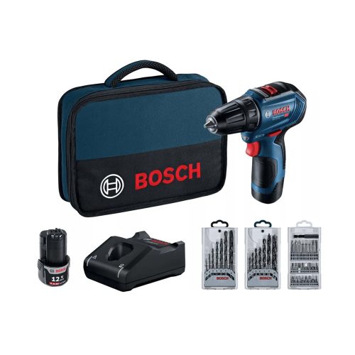 Bosch akkus fúrócsavarozó GSR 12V-30 +25 részes bitkészlet + 7 részes fémfúró készlet+ 7 részes Fa