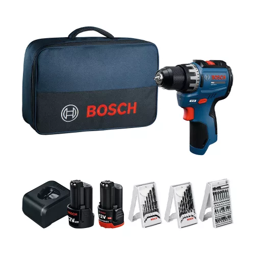 Bosch akkus fúrócsavarozó GSR 12V-31 12V 1x2,0Ah + 1x3,0Ah – 7 részes fafúrókészlet, 7 részes fémfúrókészlet, készlet