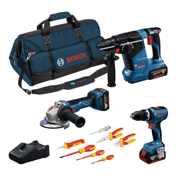   Bosch akkus gépszett GBH 18V-24 C + GSB 18V-65 + GWS 18V-11 + 3x5Ah akku + GAL 18V-40 + táska