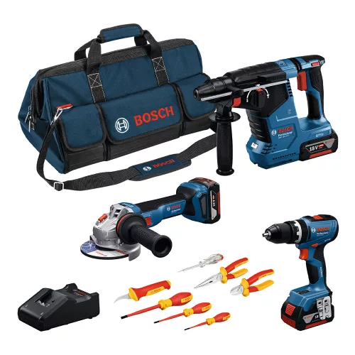 Bosch akkus gépszett GBH 18V-24 C + GSB 18V-65 + GWS 18V-11 + 3x5Ah akku + GAL 18V-40 + táska