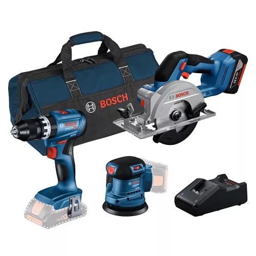 Bosch akkus gépszett GSB 18V-45 + GKS 18V-51 + GEX 185-LI + 1x4Ah akku + GAL 18V-40 + táska (Extra 5Ah akku ajándékba)