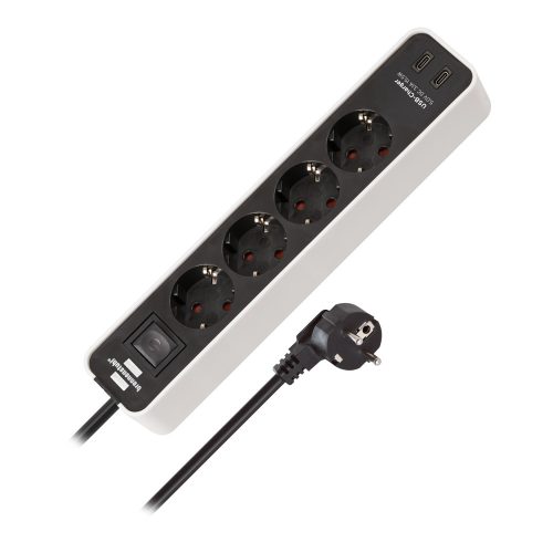 Brennenstuhl Ecolor aljzatszalag 2 USB C töltőaljzattal 4-utas fehér/fekete 1,5m H05VV-F3G1.5