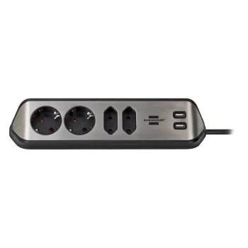   Brennenstuhl Estilo sarok elosztó, 4 dugalj, 2 USB port, rozsdamentes acél felülettel