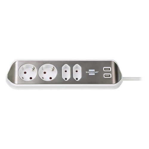 Brennenstuhl Estilo sarok elosztó, 4 dugalj, 2 USB port, rozsdamentes acél felülettel