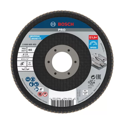 Bosch PRO X571 legyezőtárcsa, 115 mm, G80, inoxhoz, fémhez (Regisztrációval akár extra értékes ajándék is elérhető!)