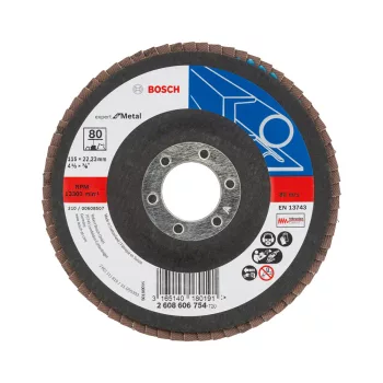   Bosch EXPERT X551 legyezőtárcsa fémhez, kúpos üvegszövet alátéttányér, Zirkon 115mm, 22,23 P80