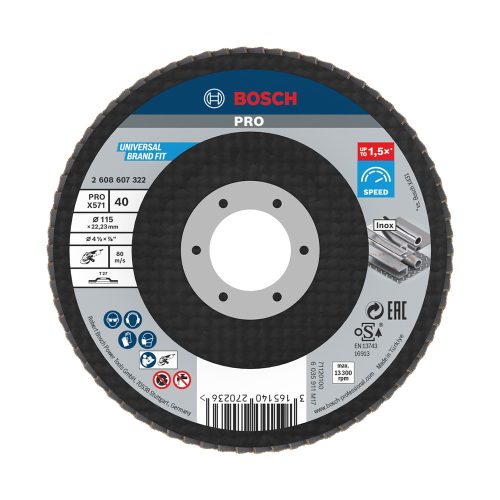 Bosch PRO X571 legyezőtárcsa, 115 mm, G40, inoxhoz, fémhez