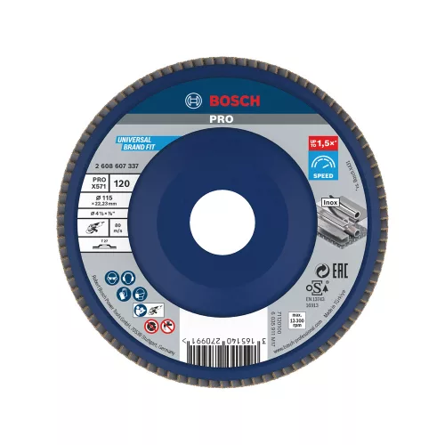 Bosch PRO X571 legyezőtárcsa, 115 mm, G120, inoxhoz, fémhez (Regisztrációval akár extra értékes ajándék is elérhető!)