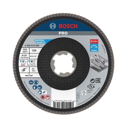 Bosch PRO X571 X-LOCK, M14 legyezőtárcsa, 125 mm, G120, fémhez, inoxhoz