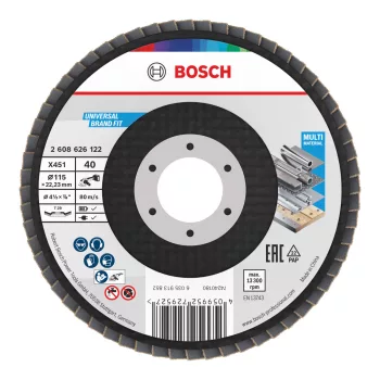   Bosch X451 legyezőtárcsa fémhez és fához, kúpos, Alox - 115 mm, 22,23 mm, G40, 1db