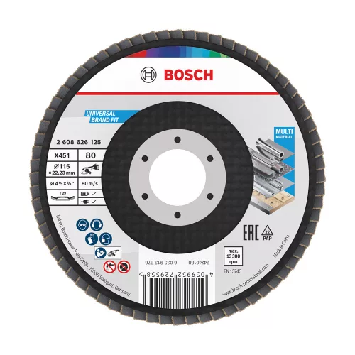 Bosch X451 legyezőtárcsa fémhez és fához, kúpos, Alox - 115 mm, 22,23 mm, G80