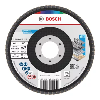   Bosch X451 legyezőtárcsa fémhez és fához, kúpos, Alox - 115 mm, 22,23 mm, G80, 1 db