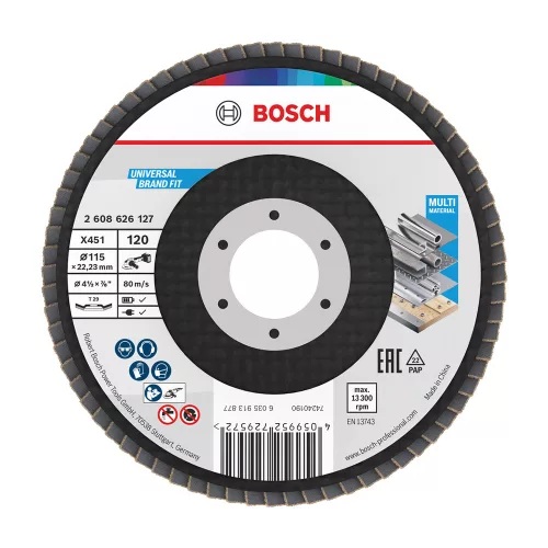 Bosch X451 legyezőtárcsa fémhez és fához, kúpos, Alox - 115 mm, 22,23 mm, G120