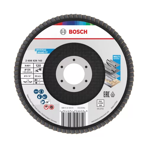 Bosch X451 legyezőtárcsa fémhez és fához, kúpos, Alox - 125 mm, 22,23 mm, G120