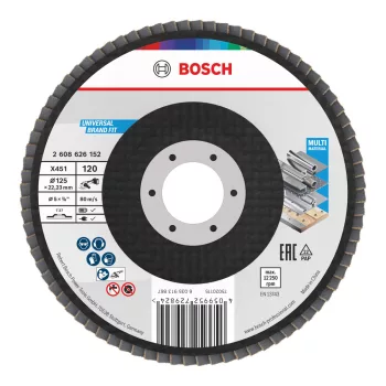   Bosch X451 legyezőtárcsa fémhez és fához, egyenes, Alox - 125 mm, 22,23 mm, G120, 1 db