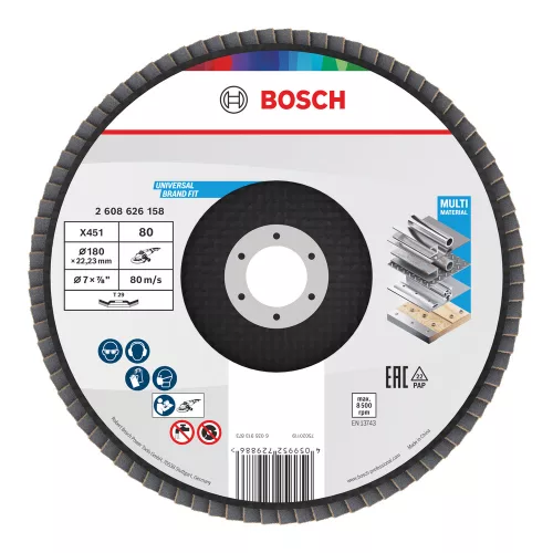 Bosch X451 legyezőtárcsa fémhez és fához, kúpos, Alox - 180 mm, 22,23 mm, G80, 1db