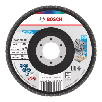   Bosch X451 legyezőtárcsa fémhez és fához, kúpos, Alox - 115 mm, 22,23 mm, G40, 15 db