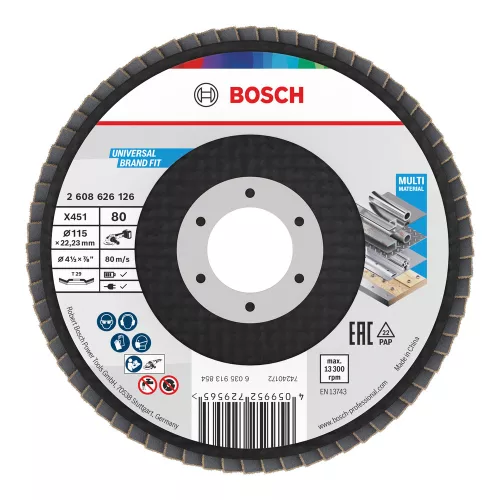 Bosch X451 legyezőtárcsa fémhez és fához, kúpos, Alox - 115 mm, 22,23 mm, G80, 15 db
