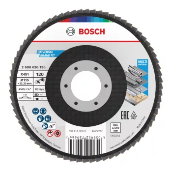   Bosch X451 legyezőtárcsa fémhez és fához, egyenes, Alox - 115 mm, 22,23 mm, G120, 15db