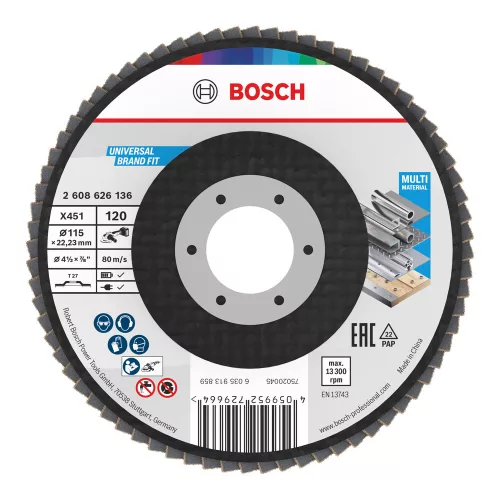 Bosch X451 legyezőtárcsa fémhez és fához, egyenes, Alox - 115 mm, 22,23 mm, G120, 15db
