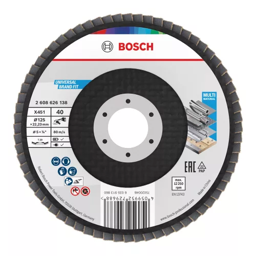Bosch X451 legyezőtárcsa fémhez és fához, kúpos, Alox - 125 mm, 22,23 mm, G40, 15 db