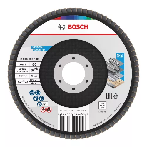 Bosch X451 legyezőtárcsa fémhez és fához, kúpos, Alox - 125 mm, 22,23 mm, G80, 15db