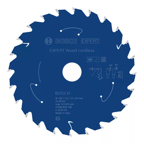 Bosch EXPERT Wood körfűrészlap akkumulátoros körfűrészekhez 136x1,5/1,2 20 mm, T24 fog, fához