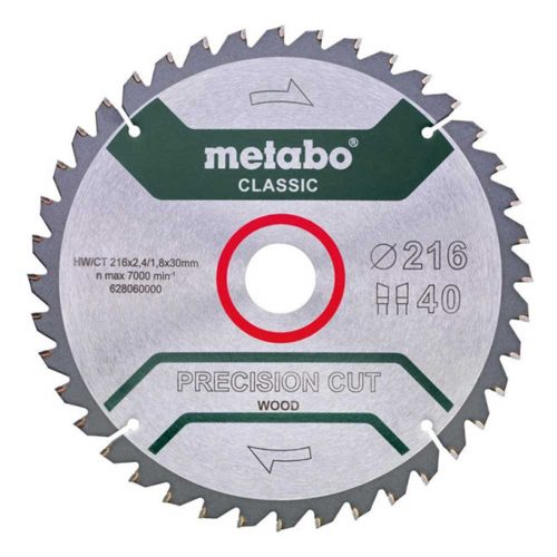 Metabo körfurészlap "precision cut wood - classic", 216x30 Z40 WZ 5°neg /B