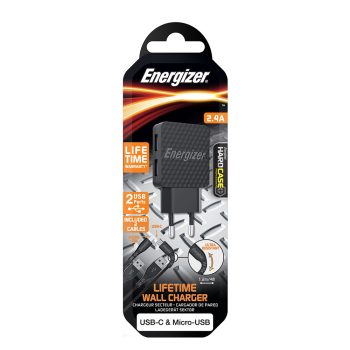   Energizer fali töltő 2x USB 2.4A+ USB-C 2.0 kábel + MicroUSB kábel fekete