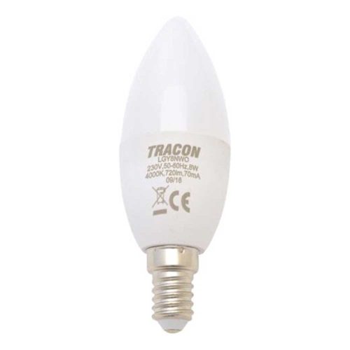 Tracon gyertya burájú LED fényforrás, tejüveg, 230 V, 50 Hz, 8 W, 4000 K, E14, 570 lm,