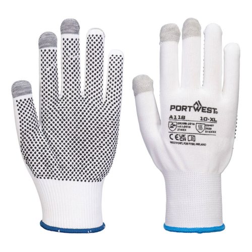 Portwest A118 Grip 13 PVC pöttyös érintőképernyős kesztyű (12 pár) Fehér/Szürke - M