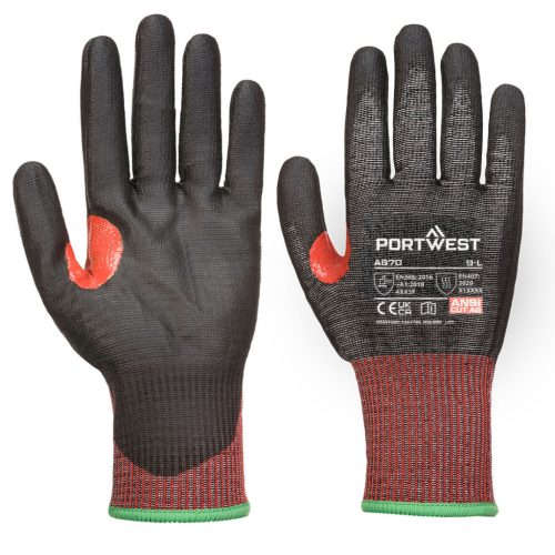 Portwest A670 CS Cut F13 PU vágásbiztos kesztyű Fekete/Piros - L