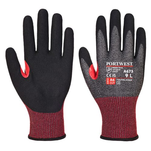 Portwest A673 CS CUT F18 nitril vágásbiztos kesztyű Fekete/Piros - XS