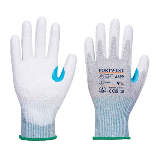 Portwest A699 MR13 ESD PU tenyérmártott kesztyű - 12 pár/csomag Szürke/Fehér - XL