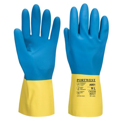 Portwest A801 Duplán Mártott Latex kesztyű Sárga/Kék - M