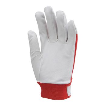   Bőrkesztyű, szürke színsertés/piros vászon, tépőzár 10 (840G)